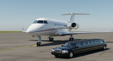Obraz premium Private Jet and Limousine on Airport Tarmac Ready for Travel