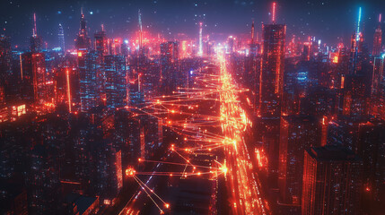 Fototapeta premium Night lights, a city of modern business and smart digital innovation with a network of interconnected rewards over the cityscape of the future smart wireless digital city and social media network that