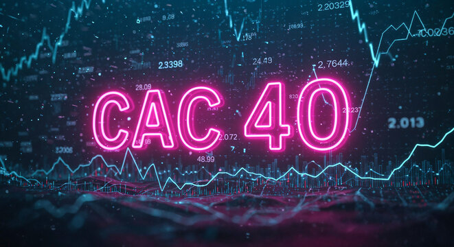 Cac 40 french stock market index showing increasing graph trend with neon effect