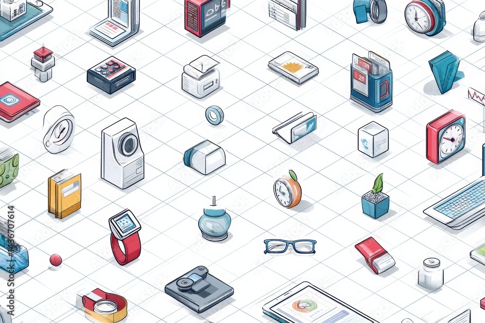 Aufkleber Isometric Icons and Digital Symbols Arranged on a Clean Grid Backdrop Showcasing Various Technology-Related Elements