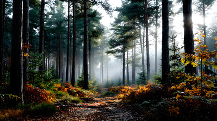 Fototapeta premium A misty pine forest during autumn, with the morning sun casting soft light on the colorful leaves, evoking a nostalgic, peaceful scene.