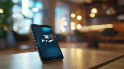 A smartphone displaying the word Email and an email icon, resting on a light brown wooden table