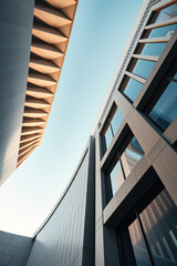Description: Modern building facade with unique architectural design and large windows.