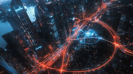 Obraz premium Night lights, a city of modern business and smart digital innovation with a network of interconnected rewards over the cityscape of the future smart wireless digital city and social media network that