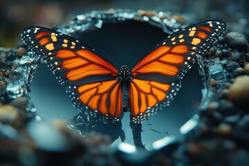 Fototapeta premium Monarch Butterfly with Broken Mirror, and Nature.