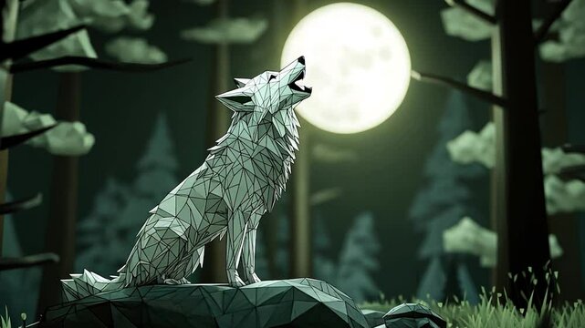 Low-poly wolf howling at the moon in a forest