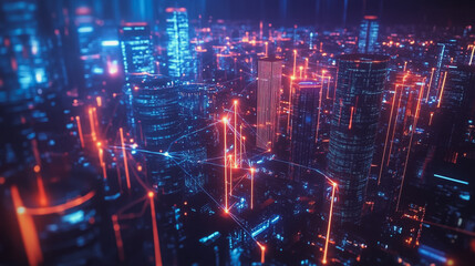 Night lights, a city of modern business and smart digital innovation with a network of interconnected rewards over the cityscape of the future smart wireless digital city and social media network that