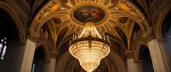 Grand cathedral ceiling featuring detailed frescoes and dramatic golden chandeliers lit by soft natural light