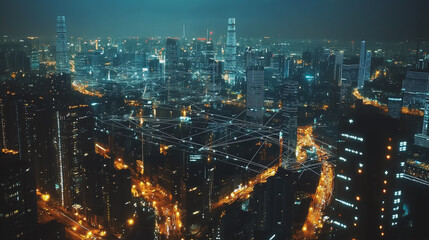 Obraz premium Night lights, a city of modern business and smart digital innovation with a network of interconnected rewards over the cityscape of the future smart wireless digital city and social media network that