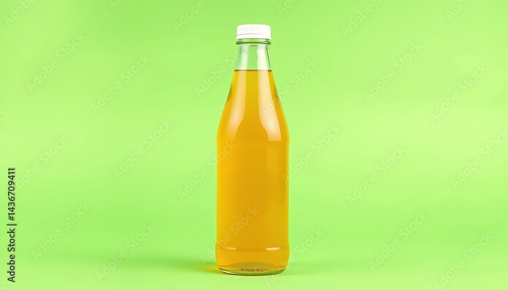 Poster glass bottle of orange juice isolated on green screen background for ads promotion with clean clear 