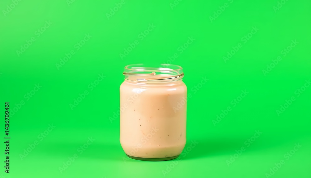 Poster glass jar with light brown paste isolated on green screen background for advertisement display reali
