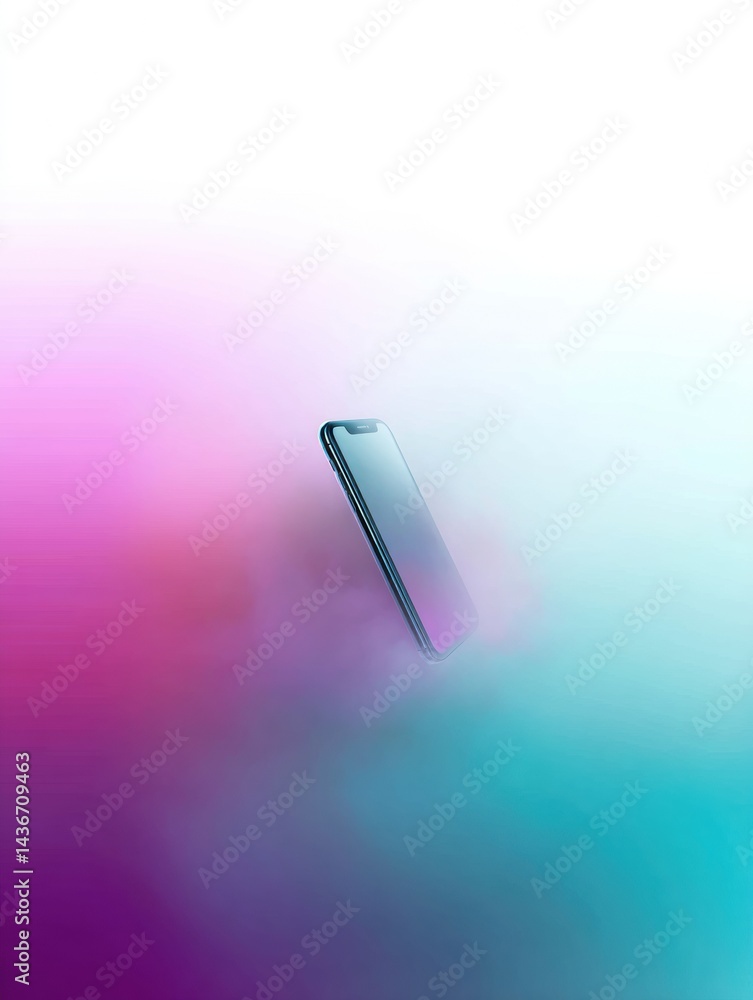 Poster Floating Smartphone Surrounded by Colorful Gradient Fog in a Dreamy Aesthetic View With a Sense of Tranquility and Modern Technology