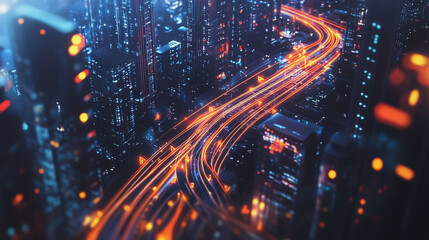 Naklejka premium Night lights, a city of modern business and smart digital innovation with a network of interconnected rewards over the cityscape of the future smart wireless digital city and social media network that