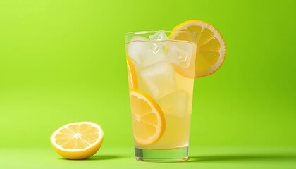 Refreshing Iced Lemonade with Lemon Slices in Glass Isolated on Green Screen Background For Ads Promotion Studio Shot