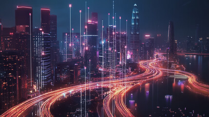 Fototapeta premium Night lights, a city of modern business and smart digital innovation with a network of interconnected rewards over the cityscape of the future smart wireless digital city and social media network that