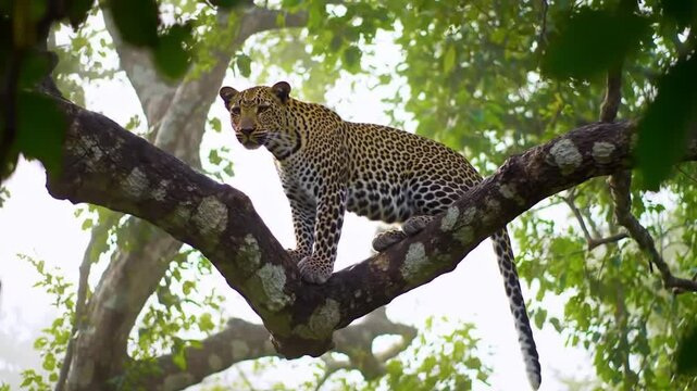 Leopard perched on a tree branch, gazing intently amidst dappled sunlight and lush foliage.