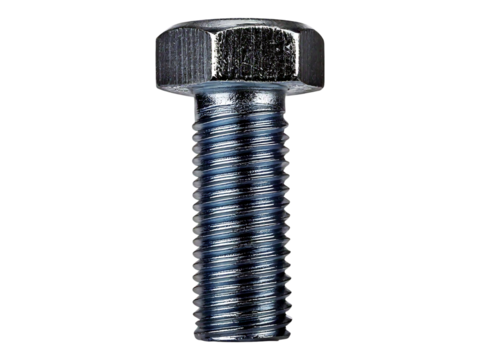 High-resolution close-up of a single hexagon head bolt against a clean white background.