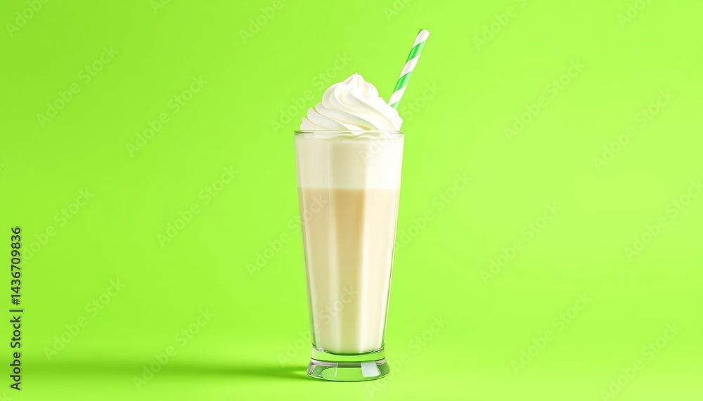 Poster vanilla milkshake topped with cream isolated on green screen background with striped straw ready for