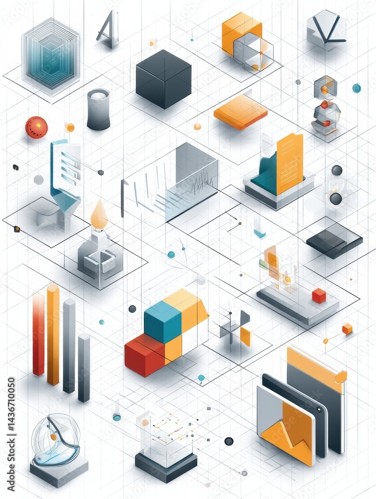 Poster Isometric Icons and Digital Symbols Displayed on Clean Grid Background Showcasing Modern Design Elements and Technology Concepts