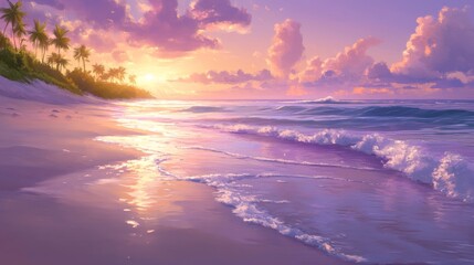 Fototapeta premium A dreamy jungle with faded walls and a Caribbean landscape of pink and blue hues come together in the illustration of Arcane Shore, which also features a sandy beach and a few palm trees