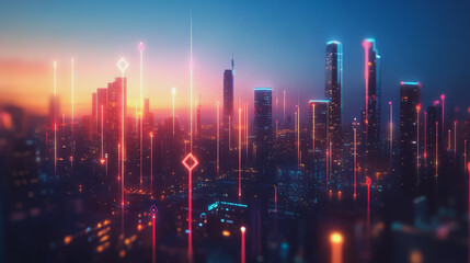 Fototapeta premium Night lights, a city of modern business and smart digital innovation with a network of interconnected rewards over the cityscape of the future smart wireless digital city and social media network that