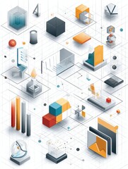 Obraz premium Isometric Icons and Digital Symbols Displayed on Clean Grid Background Showcasing Modern Design Elements and Technology Concepts