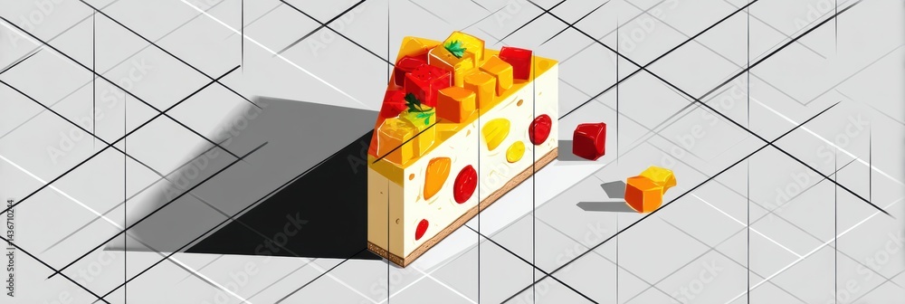 Aufkleber isometric cake slice with vibrant fruit cubes resting on a shadow grid