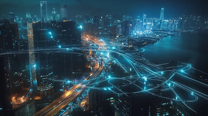 Night lights, a city of modern business and smart digital innovation with a network of interconnected rewards over the cityscape of the future smart wireless digital city and social media network that