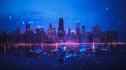 Obraz premium Night lights, a city of modern business and smart digital innovation with a network of interconnected rewards over the cityscape of the future smart wireless digital city and social media network that