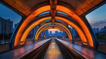 Obraz premium Illuminated subway tunnel with orange and blue lights, featuring symmetrical architecture and high-speed rail tracks. Abstract background enhances futuristic, vibrant atmosphere.