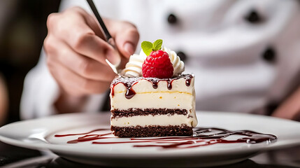 Chef plating a gourmet dessert in a fine dining restaurant (4)