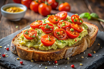 Rustic Avocado Toast with Fresh Cherry Tomatoes and Red Pepper on Sourdough Bread