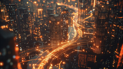 Fototapeta premium Night lights, a city of modern business and smart digital innovation with a network of interconnected rewards over the cityscape of the future smart wireless digital city and social media network that