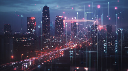 Fototapeta premium Night lights, a city of modern business and smart digital innovation with a network of interconnected rewards over the cityscape of the future smart wireless digital city and social media network that