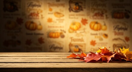 Autumnal Thanksgiving Background Rustic Wooden Table with Colorful Fall Leaves and Festive Pumpkins