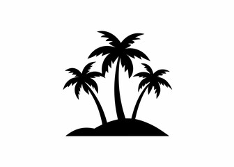 Obraz premium Tropical Paradise Silhouette: A minimalist black silhouette of a tropical island paradise, featuring three graceful palm trees set against a pristine backdrop. Evoking a sense of serenity, relaxation.