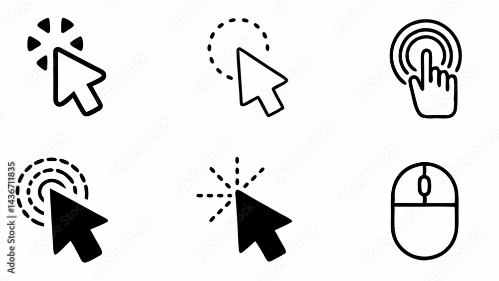 Poster illustration showcasing various cursor and mouse designs in a clean black and white style set on whi
