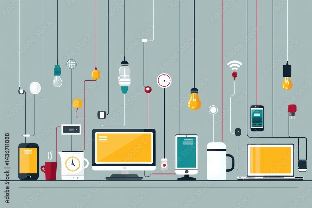 Poster flat design showcases smartphone and various connected smart devices in a modern tech setup