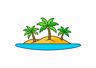 Obraz premium Tropical Paradise: A vibrant island scene, featuring three lush palm trees swaying gently on a sandy islet, surrounded by calm turquoise waters. Capture the essence of a perfect getaway