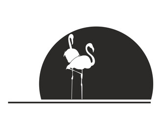 Vector black and white illustration of two flamingos against sunset background

