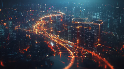 Fototapeta premium Night lights, a city of modern business and smart digital innovation with a network of interconnected rewards over the cityscape of the future smart wireless digital city and social media network that