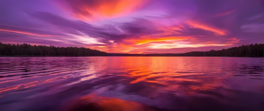 Glorious sunset sky radiant with streaks of purple pink orange and crimson over calm reflective lake water