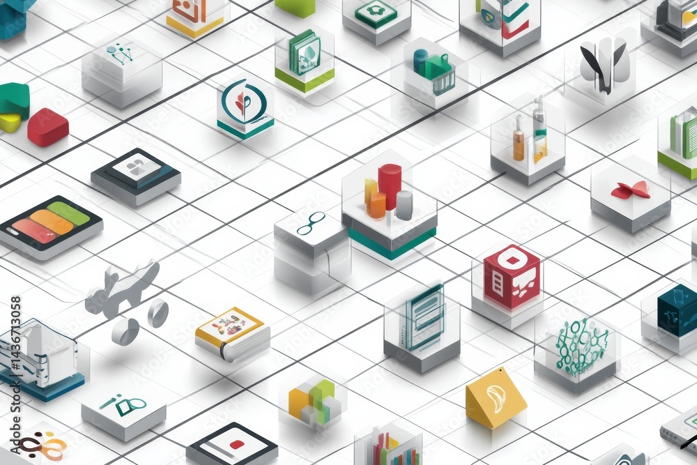 Aufkleber Isometric Icons and Digital Symbols Arranged on a Clean Grid Background for Modern Design and Technology Concepts