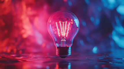 Glowing light bulb with colorful pink and blue gradient background.