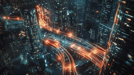 Night lights, a city of modern business and smart digital innovation with a network of interconnected rewards over the cityscape of the future smart wireless digital city and social media network that
