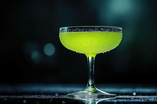 A vibrant green cocktail, chilled and glistening with condensation, sits elegantly in a stemmed coupe glass.