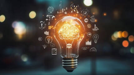 Illuminated brain inside lightbulb, city bokeh; idea generation