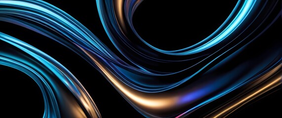 Flowing abstract D shapes twisting with smooth metallic textures and iridescent light reflections on black