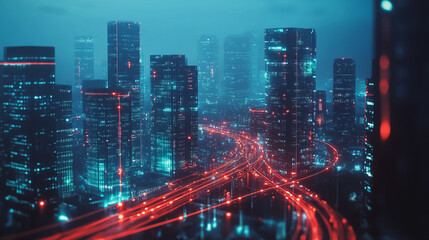 Fototapeta premium Night lights, a city of modern business and smart digital innovation with a network of interconnected rewards over the cityscape of the future smart wireless digital city and social media network that