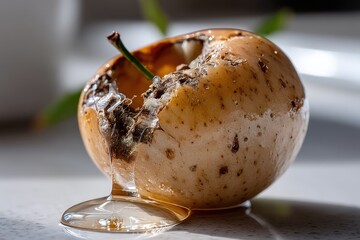 An intriguing close-up of a decaying apple, oozing syrup and revealing layers beneath. The image captures the beauty found in imperfection and the passage of time.